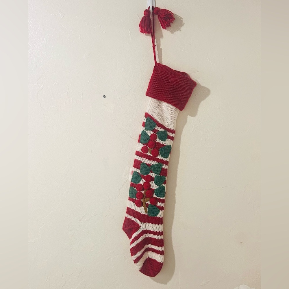 Anthropologie Red & White Striped Knitted Christmas Stocking Appliqué Berries